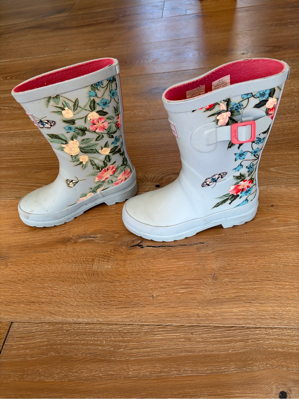 Joules blue Floral Kids Rain Boots with Pink Lining
